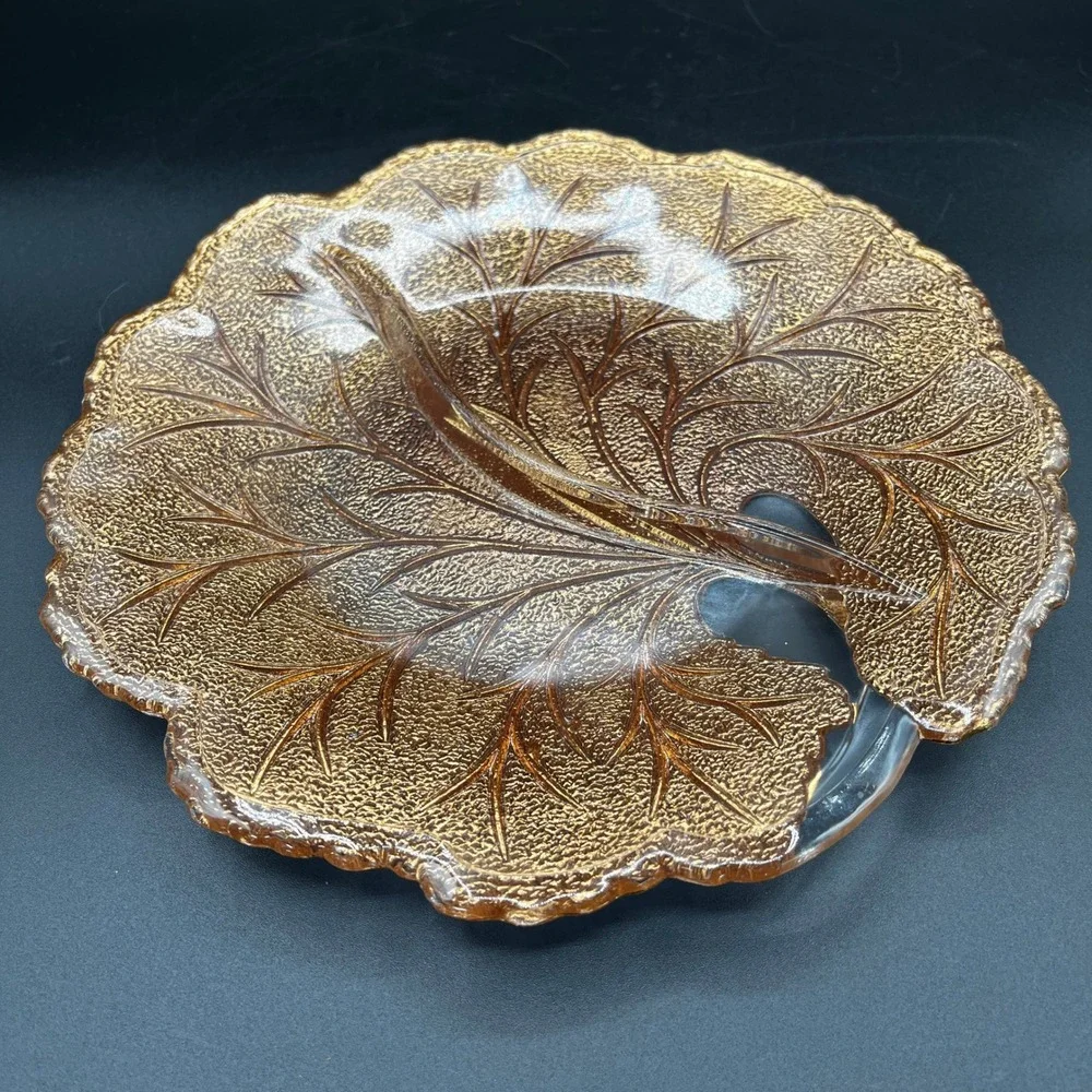 Vtg Amber Gold Indiana‎ Glass Leaf Tree of Life Divided Relish Dish Textured 10